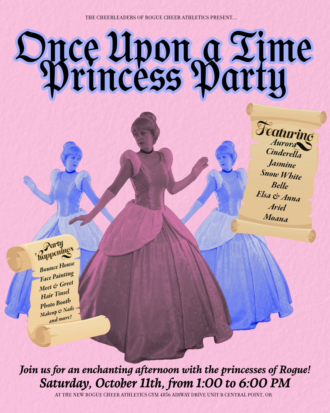 Promotional poster for the 'Once Upon a Time Princess Party' featuring various princesses and party activities.